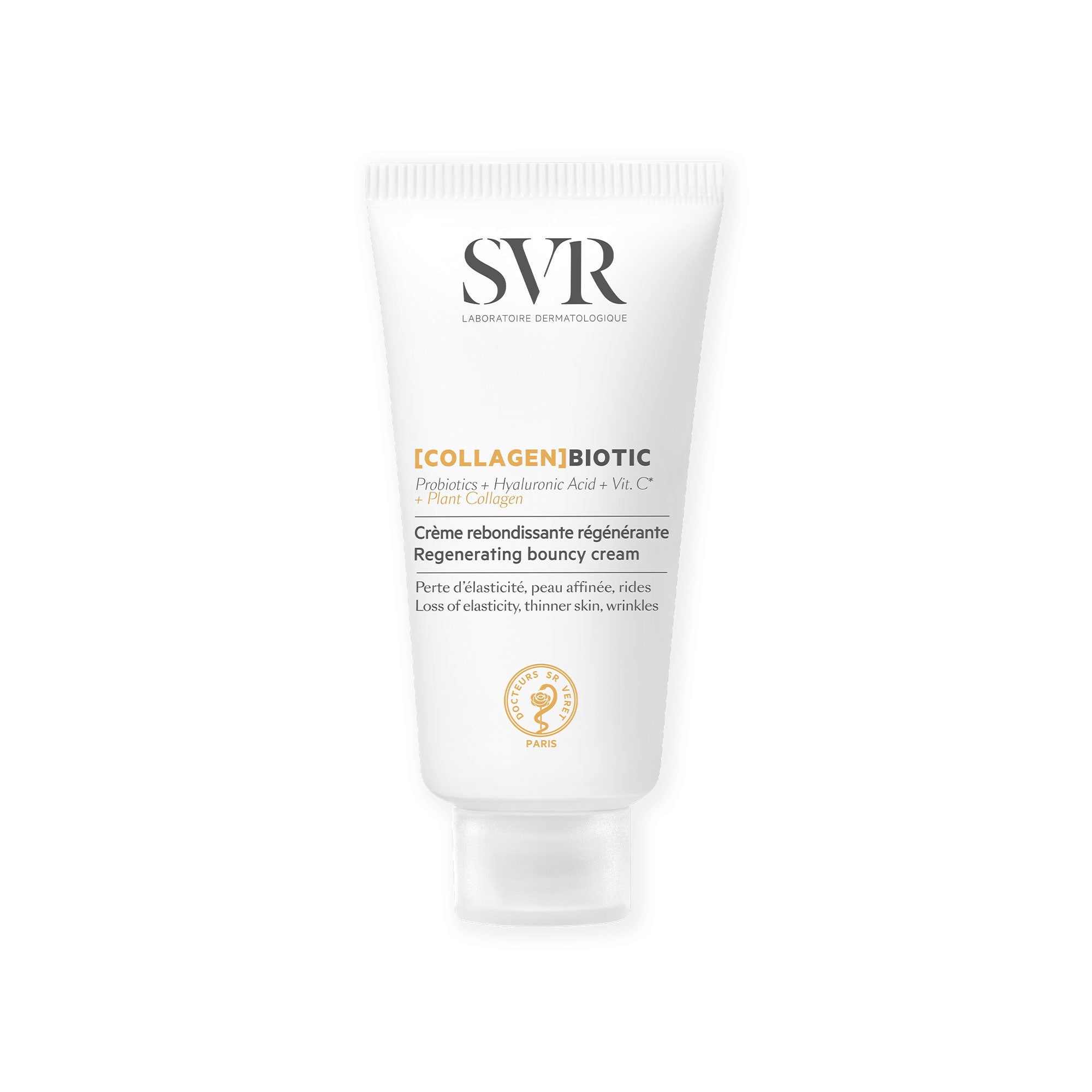 SVR Collagen Biotic white squeeze tube of regenerating bouncy cream with gold logo and black text.