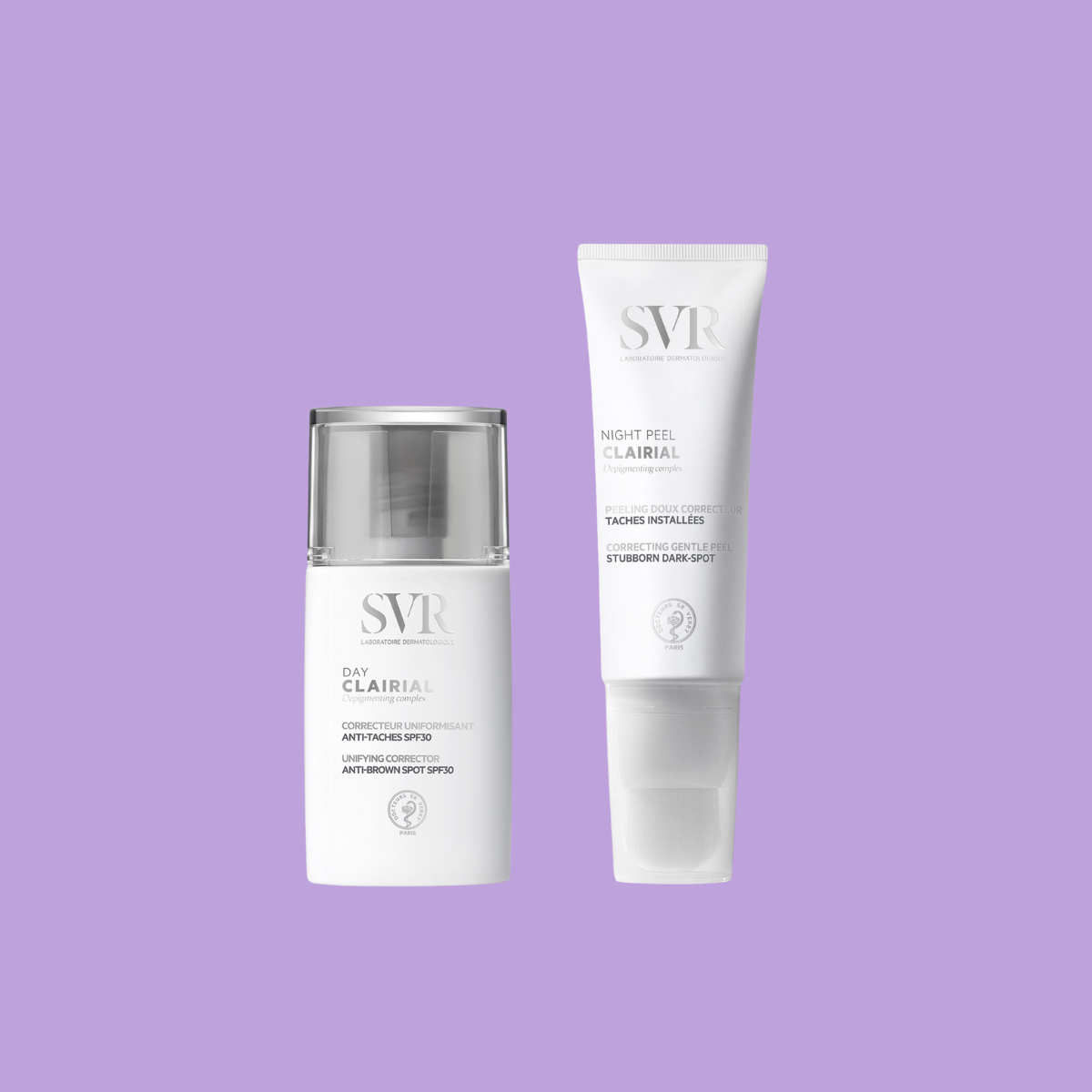 Pack SVR Clairial Day con SPF30 y Night Peel en envases blancos sobre fondo lila para rutina anti manchas.