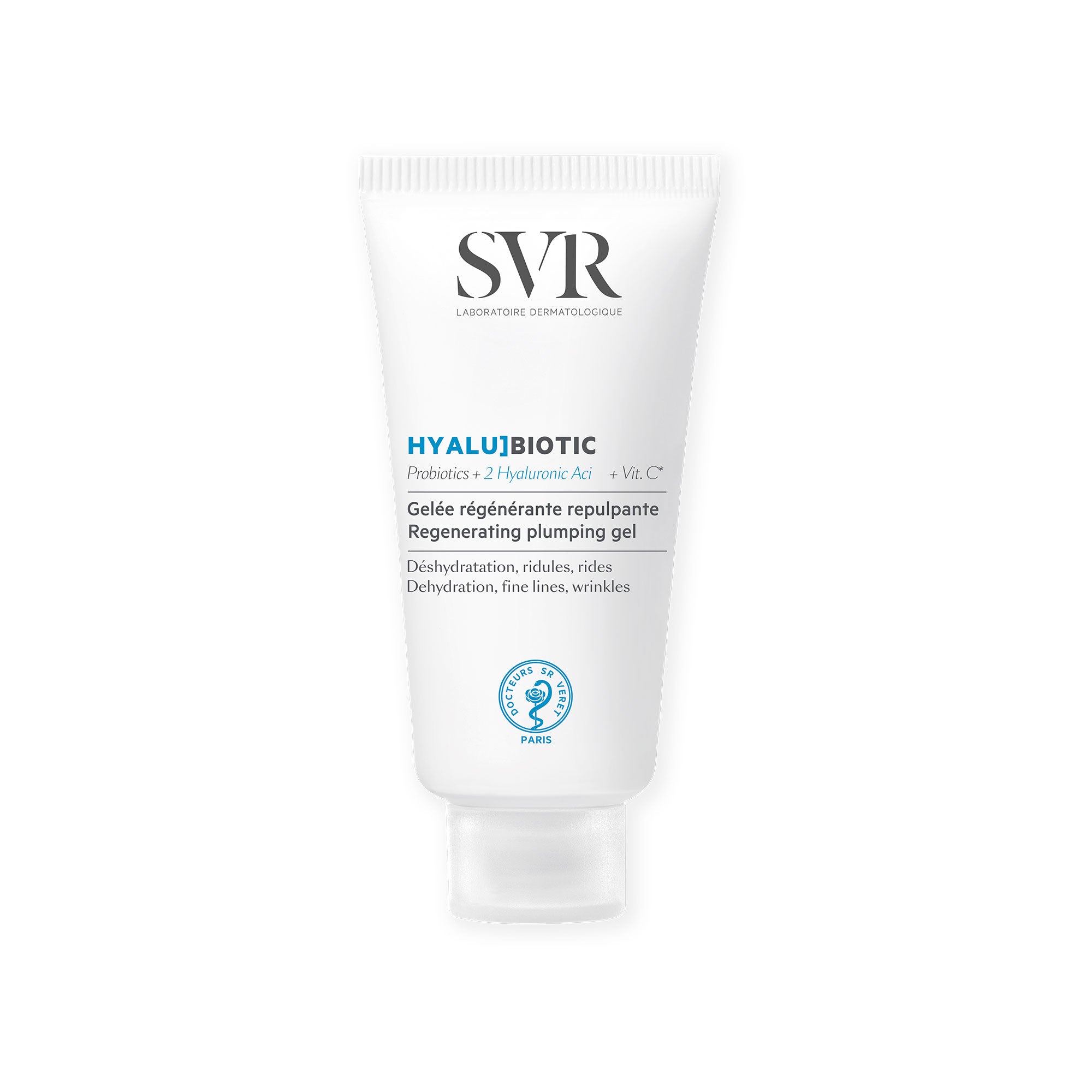 SVR Mini [HYALU]Biotic regenerating plumping gel in a white squeeze tube with blue text and a clear cap.