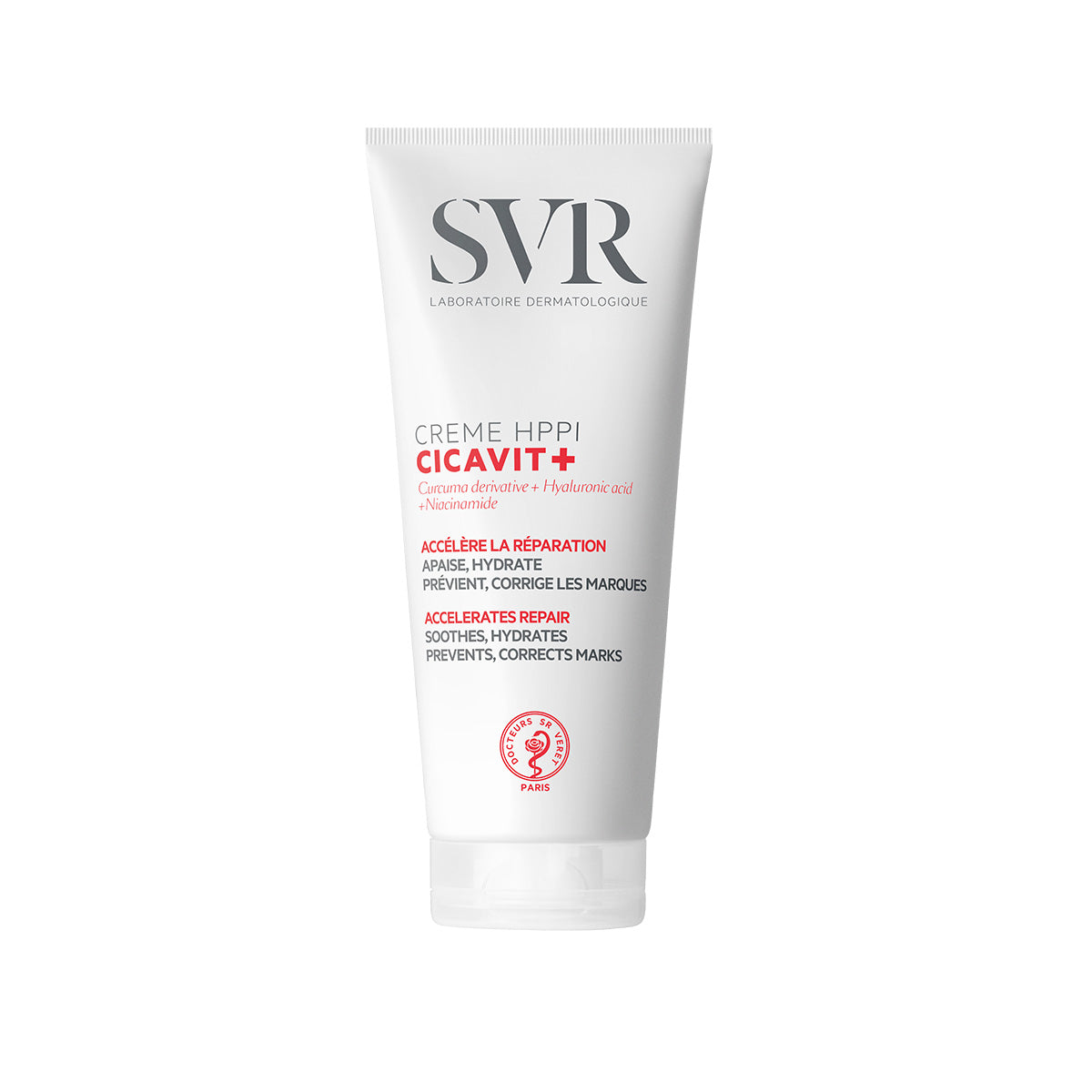 Tubo blanco de crema reparadora SVR Cicavit+ HPPI con letras en gris y rojo sobre fondo blanco limpio.