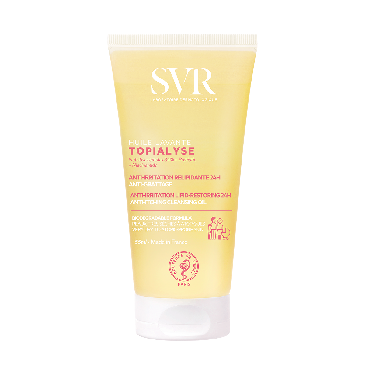 SVR Topialyse Huile Lavante 55ml travel-size yellow cleansing oil tube with white cap and pink text.