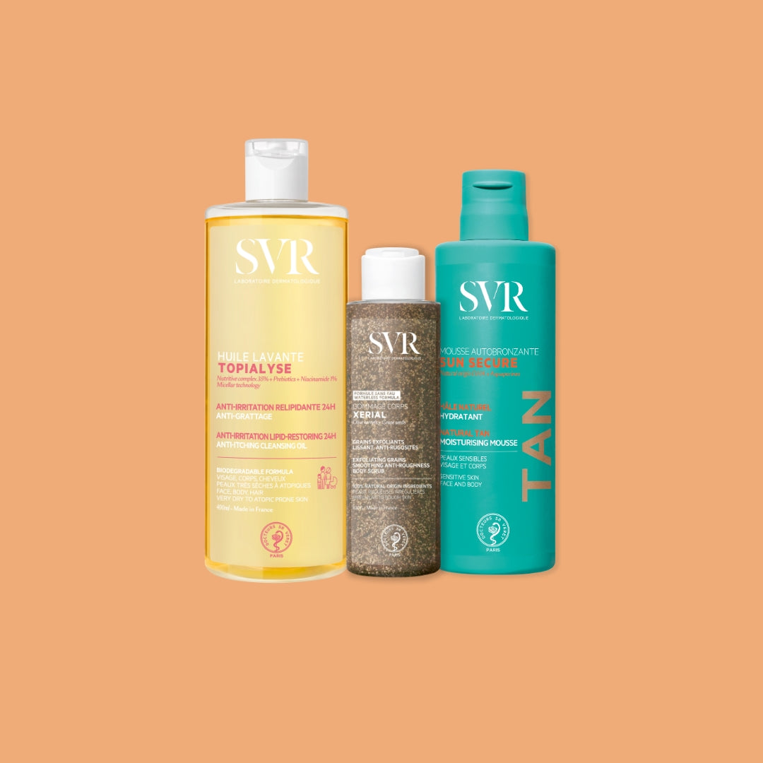 Pack de tres productos SVR: aceite limpiador amarillo, exfoliante corporal y mousse autobronceadora turquesa sobre fondo beige.