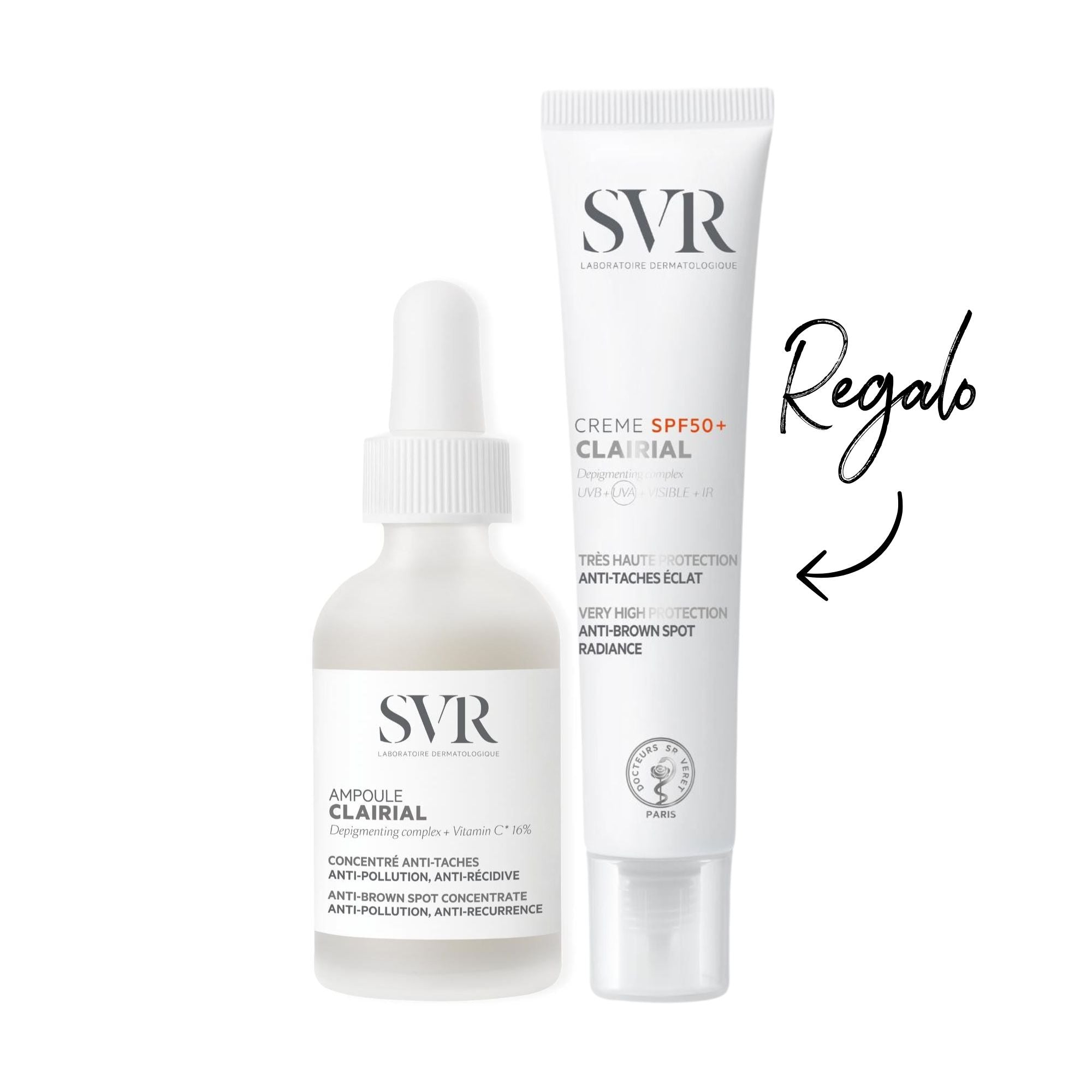 SVR Clairial ampoule and SPF50+ cream set in white minimalist packaging with black text and a handwritten Regalo label.