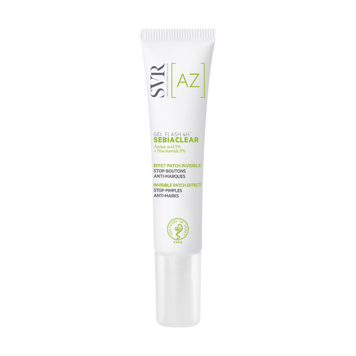 SVR Sebiaclear Gel Flash 4H white squeeze tube with green text and AZ branding for acne treatment.