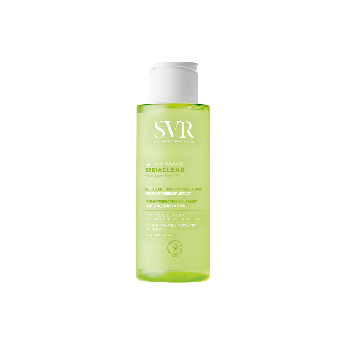 Envase cilíndrico transparente de gel limpiador SVR Sebiaclear verde con tapa blanca, ideal para pieles grasas y acnéicas.