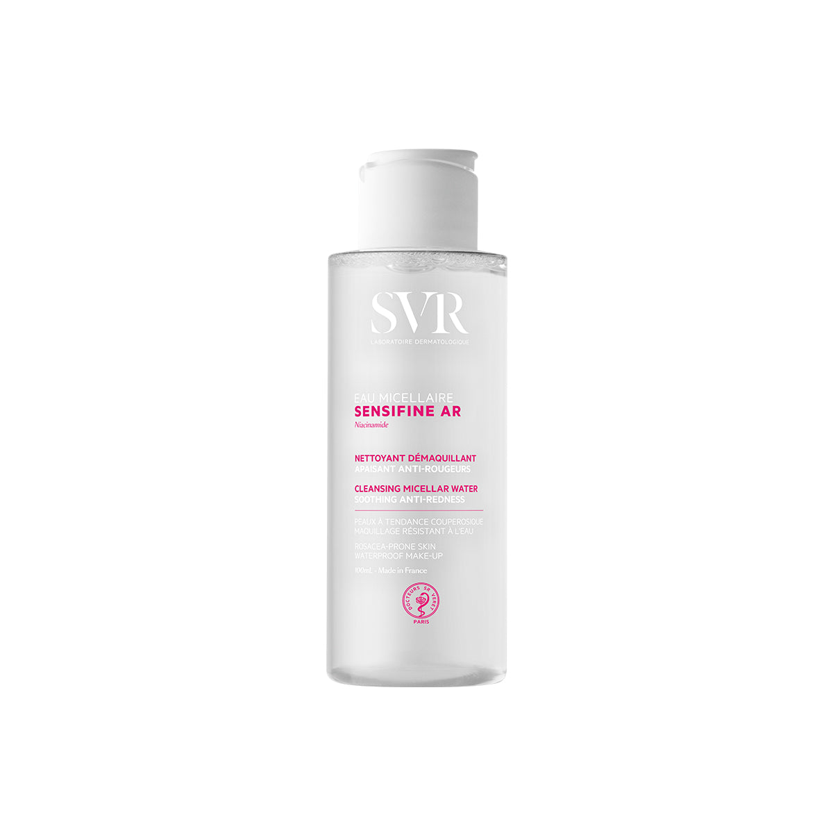 Botella transparente de agua micelar SVR Sensifine AR de 100ml con tapa blanca y etiqueta informativa en blanco y rosa.