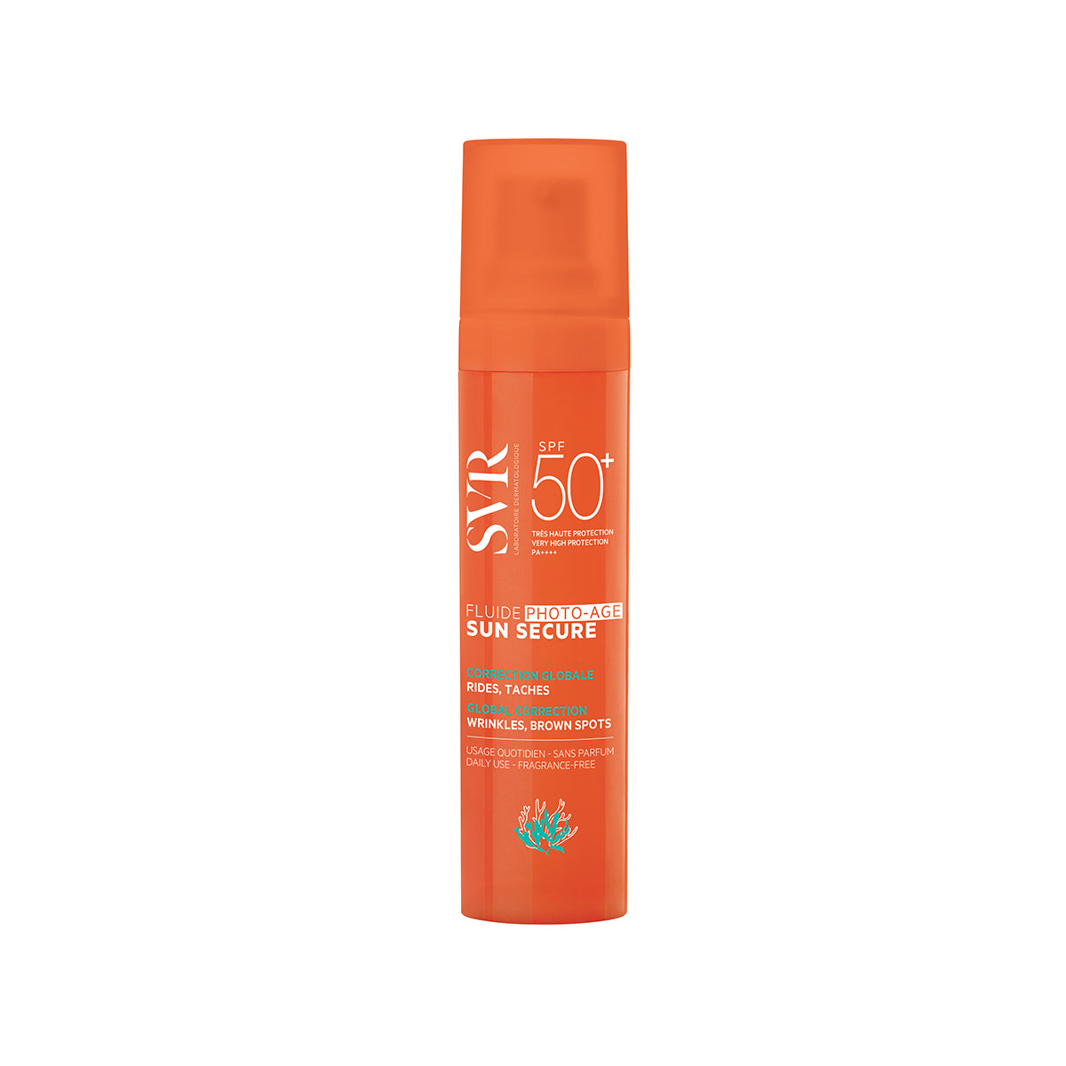 SVR SUN SECURE Fluide Photo-Age SPF50+ in a bright orange pump bottle for daily wrinkle and brown spot correction.