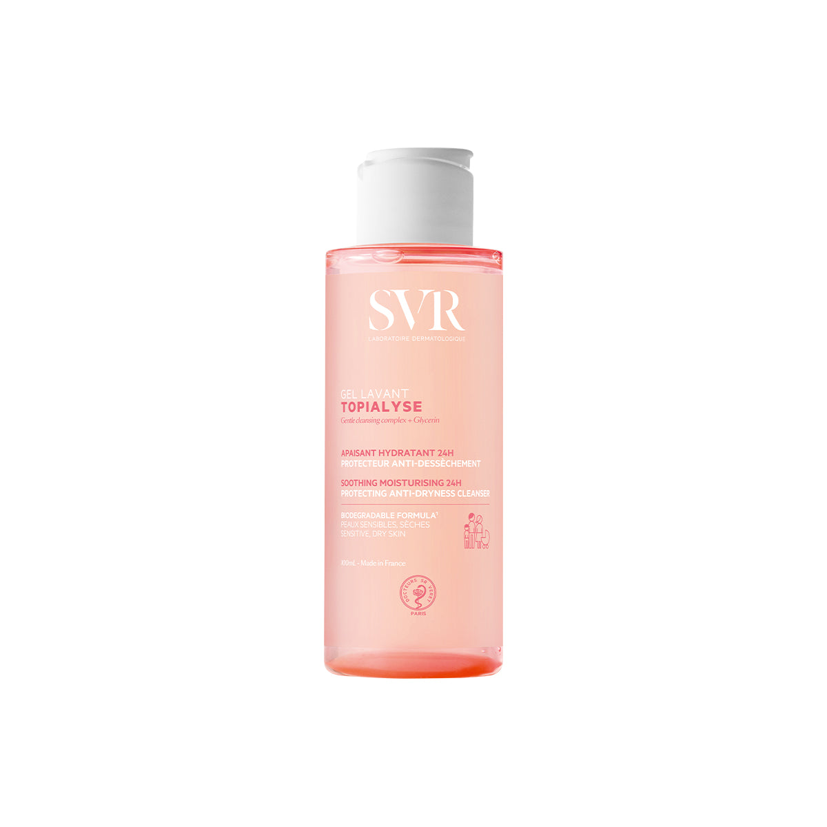 Envase cilíndrico transparente de gel limpiador SVR Topialyse con líquido rosado y tapón dosificador blanco.