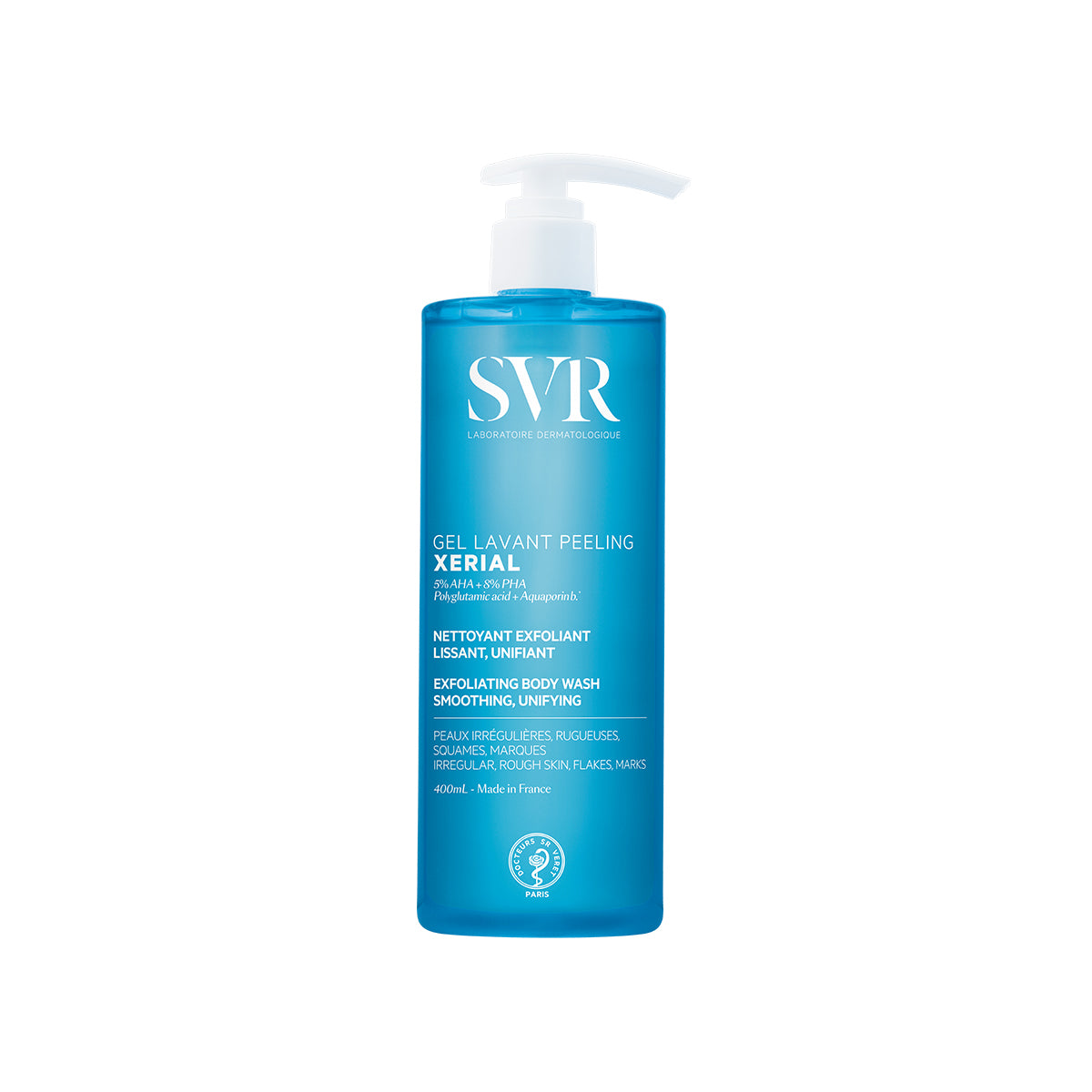 Envase azul de 400ml de gel exfoliante SVR XERIAL con dosificador blanco y texto informativo en el frente.