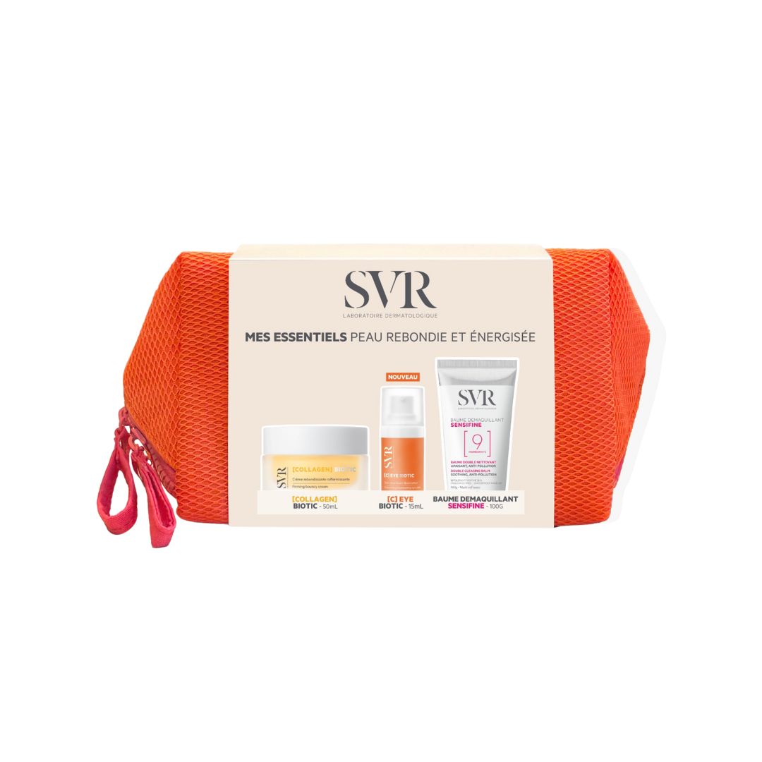 Neceser naranja de malla con kit antiedad SVR: crema Collagen Biotic, contorno de ojos [C] Eye Biotic y bálsamo Sensifine.